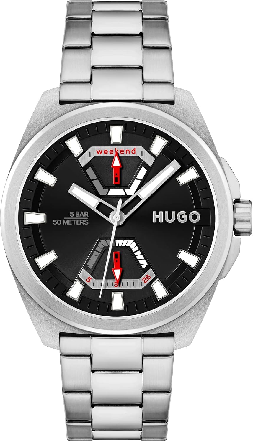HUGO #Expose 1530242 - Reloj multifunción de acero inoxidable y pulsera de eslabones para hombre, color: plateado (modelo: 1530242)