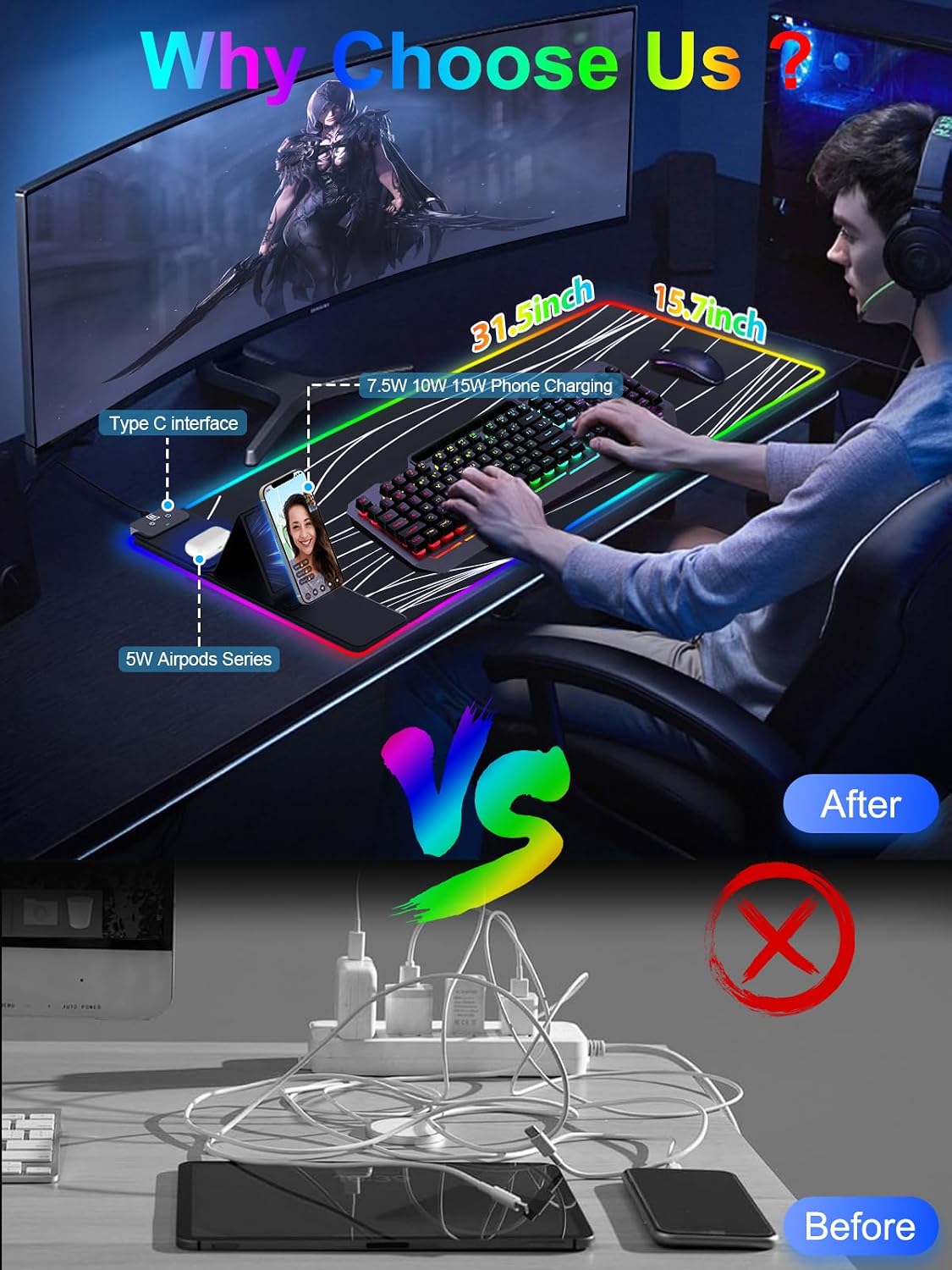 Alfombrilla de mouse XXL con soporte para teléfono, color negro, alfombrilla de escritorio RGB con carga rápida de 15 W, alfombrilla de mouse LED para juegos con 11 colores de luz, almohadilla antideslizante impermeable para oficina y hogar (onda)