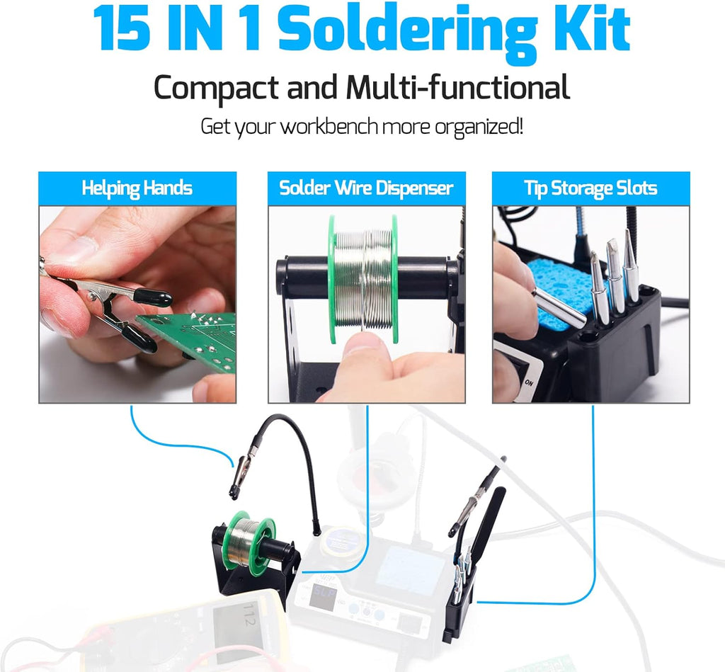 Kit de estación de soldadura WEP 927-IV de alta potencia de 110 W con 3 canales preestablecidos, modo de suspensión, lupa LED, 5 puntas de soldadura adicionales, limpiador de puntas, 2 manos de ayuda