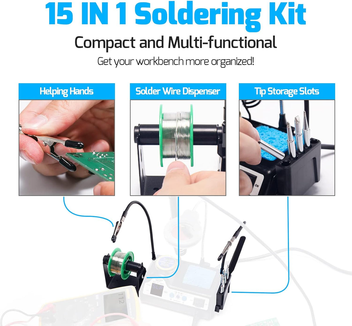 Kit de estación de soldadura WEP 927-IV de alta potencia de 110 W con 3 canales preestablecidos, modo de suspensión, lupa LED, 5 puntas de soldadura adicionales, limpiador de puntas, 2 manos de ayuda