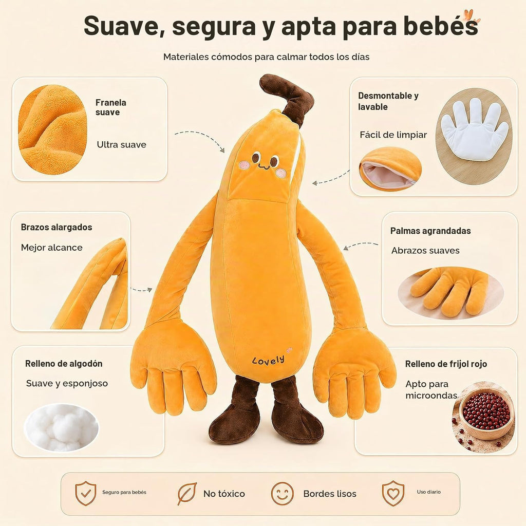 Banana Baby - Juguete de peluche calmante con suave vibración de 3 velocidades, brazos largos para abrazar, inserto cálido extraíble, lindo muñeco de peluche para niñas y niños
