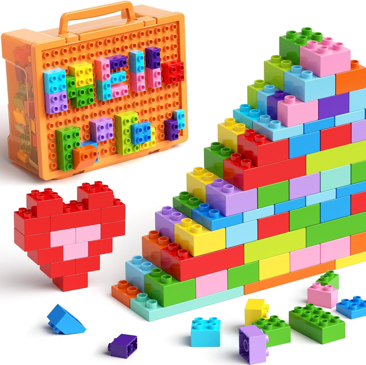 Juego de bloques de construcción de 97 piezas con caja de almacenamiento y placa base, juguetes educativos STEM para niños a partir de 3 años, compatible con bloques de construcción de partículas