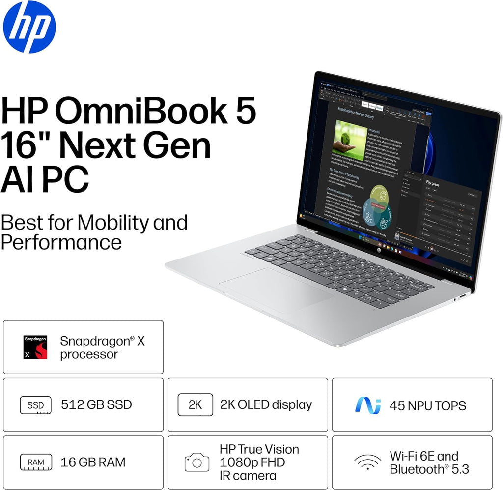 HP OmniBook 5 PC AI de 16 pulgadas de próxima generación, pantalla 2K, Snapdragon X X1-26-100, 16 GB de RAM, SSD de 512 GB, GPU Qualcomm Adreno, Windows 11 Home, Glacier Silver, 16-fb0299nr