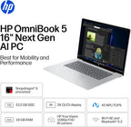 HP OmniBook 5 PC AI de 16 pulgadas de próxima generación, pantalla 2K, Snapdragon X X1-26-100, 16 GB de RAM, SSD de 512 GB, GPU Qualcomm Adreno, Windows 11 Home, Glacier Silver, 16-fb0299nr