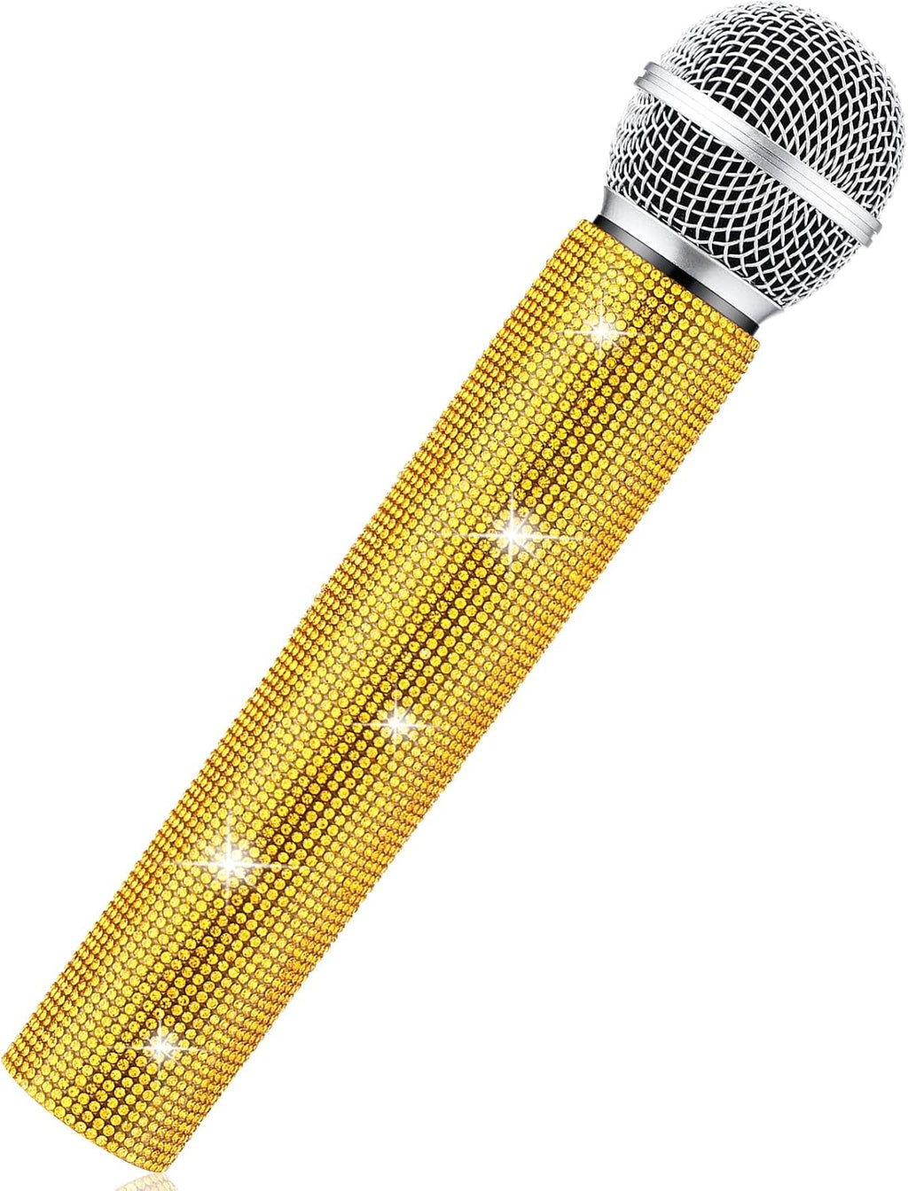 Micrófono Falso de Apoyo con Brillantina y Rinstones de Cristal de Rinoplástico para Jugar, Micrófono de Pretensión con Purpurina y Adornos para Cosplay, Traje de Fiesta (Dorado)