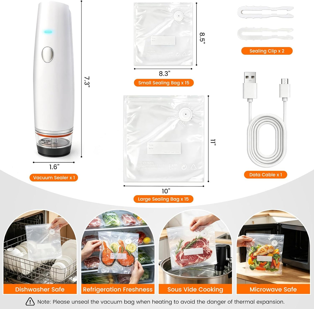 -Sellador al vacío compacto de 80 kPa para alimentos (máquina selladora al vacío + 30 bolsas reutilizables), máquina selladora al vacío de mano inalámbrica portátil mini sellador de alimentos para