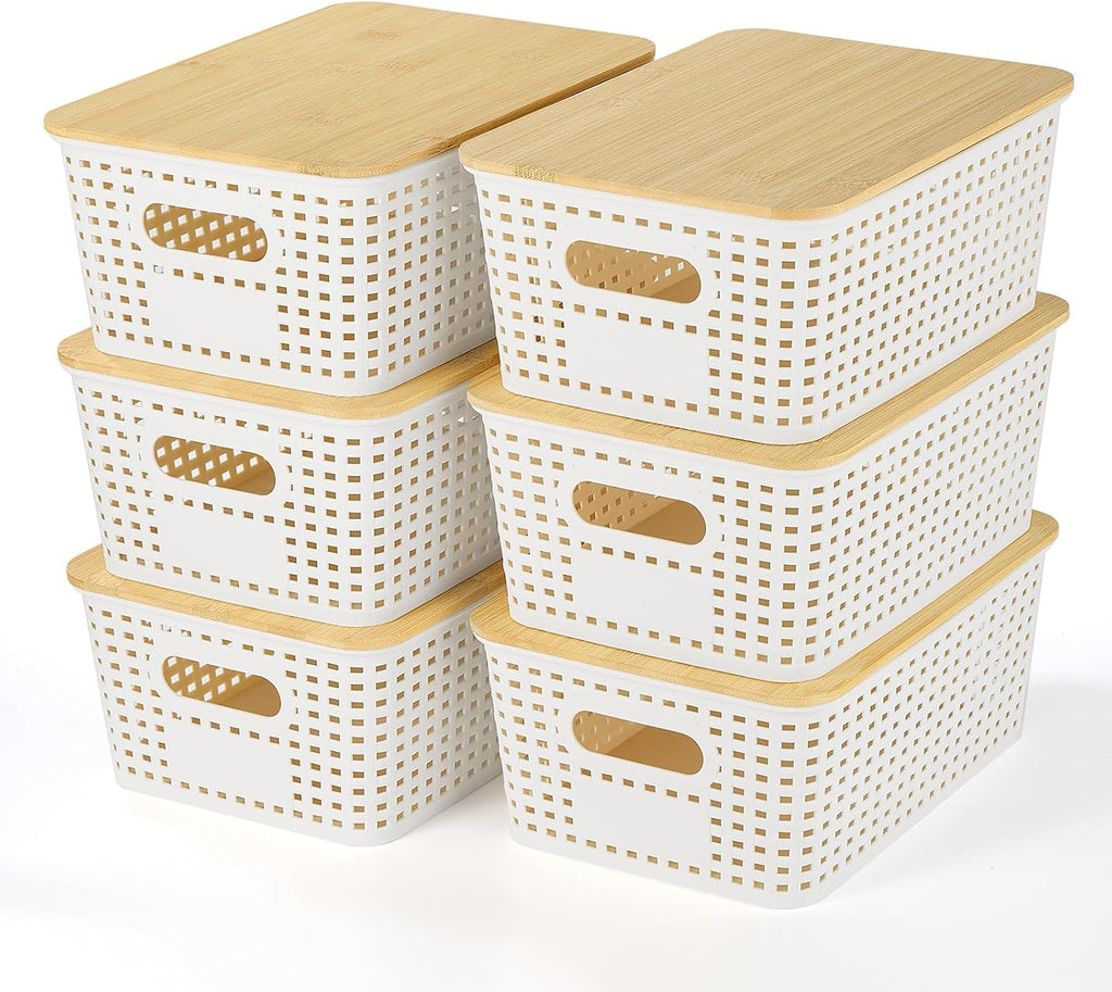 Ohmlove 6 Pack Plastic Storage Baskets con Bamboo Lids para Organization