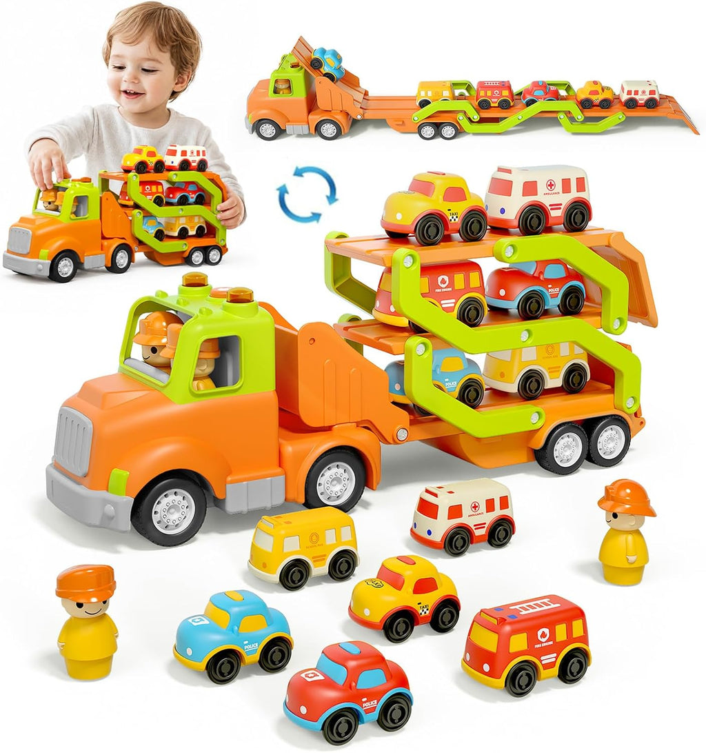 Juguetes para niños de 2, 3, 4, 5 años, camión transportador de coche de juguete con 6 vehículos, remolque plegable de 30 pulgadas con efectos de luz y sonido, regalo de cumpleaños para niños