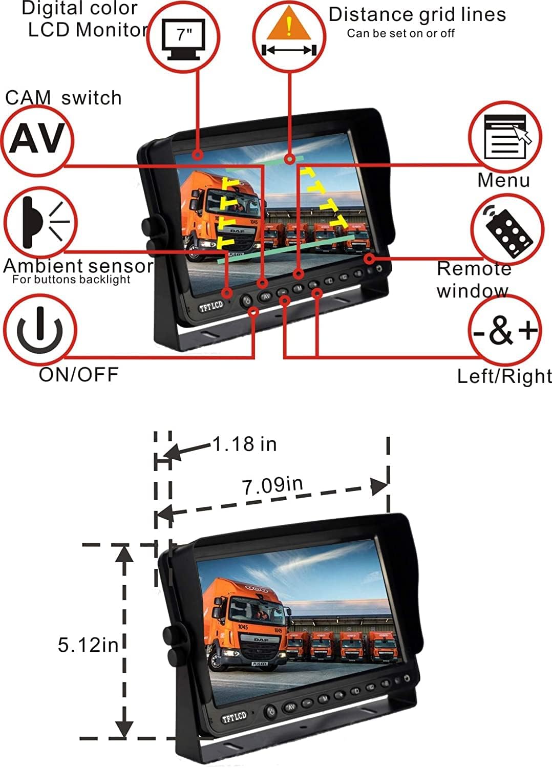 AHD 1080P Sistema de cámara de visión trasera inversa de 7 pulgadas, cámara