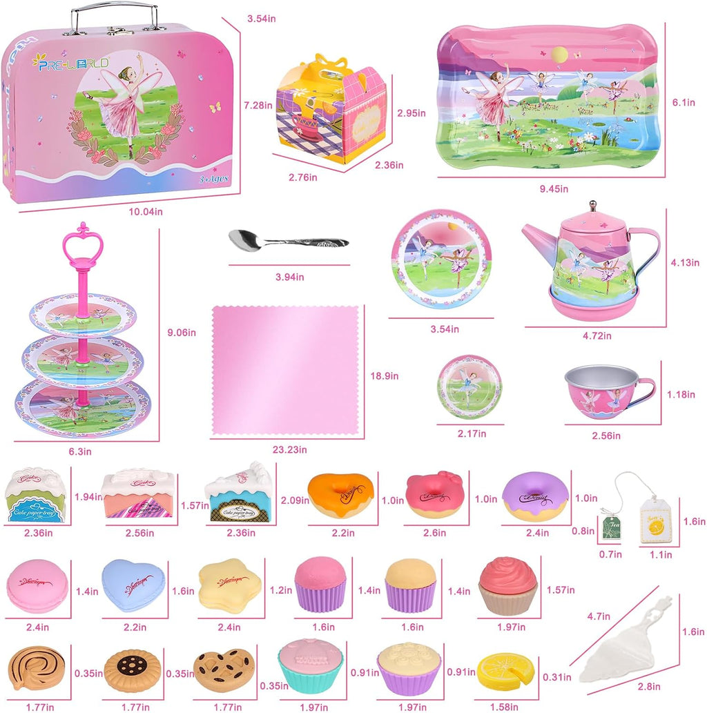 Juego de fiesta de té para niños de 3 a 5 años, juego de té musical de 53 piezas para niñas pequeñas con postres, galletas, donas, pastel, soporte para pastel, mantel y estuche de transporte, juguetes