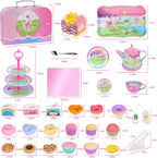 Juego de fiesta de té para niños de 3 a 5 años, juego de té musical de 53 piezas para niñas pequeñas con postres, galletas, donas, pastel, soporte para pastel, mantel y estuche de transporte, juguetes