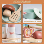 Accesorios de cocina de juguete de madera, juegos de ollas y sartenes de simulación para juego de cocina de niños con estufa de juguete, juegos de cocina para niños pequeños, juguetes de alimentos