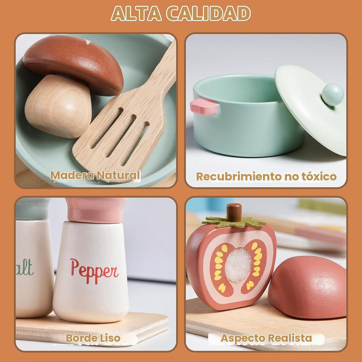 Accesorios de cocina de juguete de madera, juegos de ollas y sartenes de simulación para juego de cocina de niños con estufa de juguete, juegos de cocina para niños pequeños, juguetes de alimentos