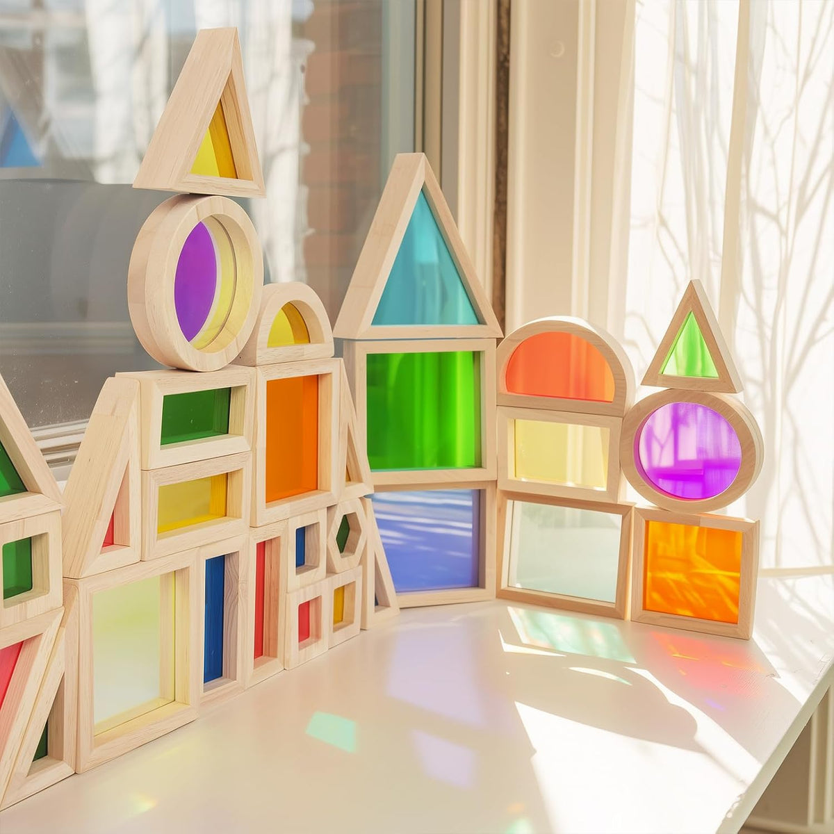 WOODENFUN Juego de bloques de construcción de madera para niños, 32 piezas, apilador de arco iris, juego de apilamiento, juego de juguetes de construcción, juguetes educativos de aprendizaje
