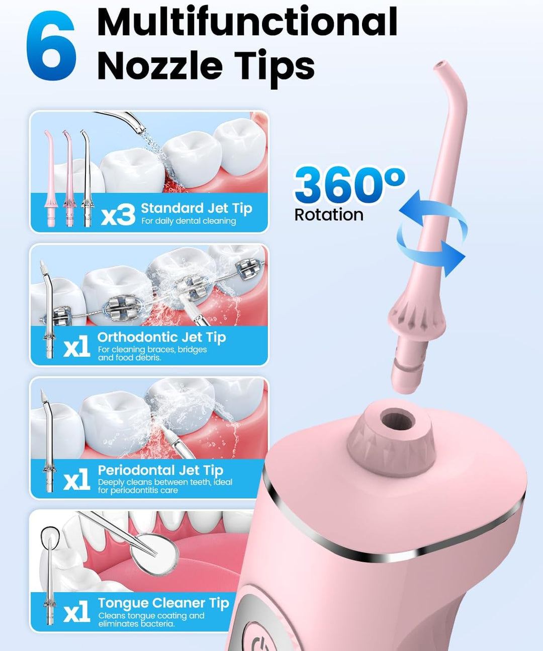 JTF Irrigador bucal portátil para dientes: 3 modos y 10 niveles de...