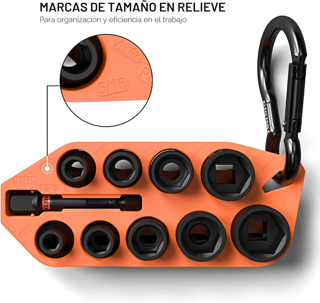 Klein Tools 33809 Juego de zócalos de impacto para llevar, SAE, juego de 10 piezas con funda, mosquetón y accionamiento de 3/8 pulgadas, zócalos codificados por color de 1/4, 5/16, 3/8, 7/16, 1/2, 9