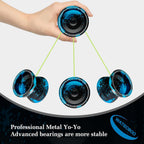 W09 Yoyo de Metal, Yo-Yo Profesional de Modo Dual Sensible/No Sensible Freestyle, Yoyo para Principiantes - Yoyo Profesional para Adultos, Paquete de Accesorios de Yoyo Perfecto, Negro/Azul
