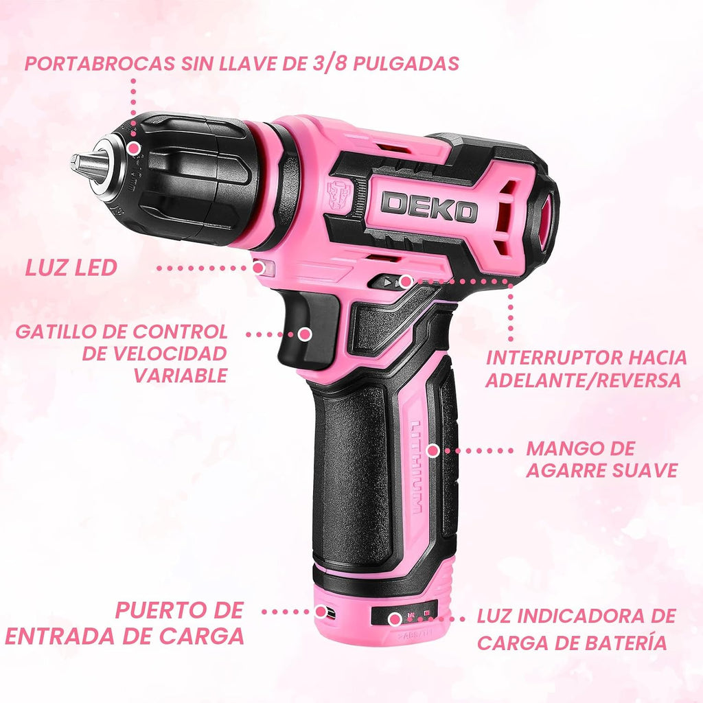 Taladro inalámbrico: juego de taladro eléctrico DEKOPRO de 12 V con taladros eléctricos rosa de 800 RPM con caja de regalo, juego de taladro rosa para mujer