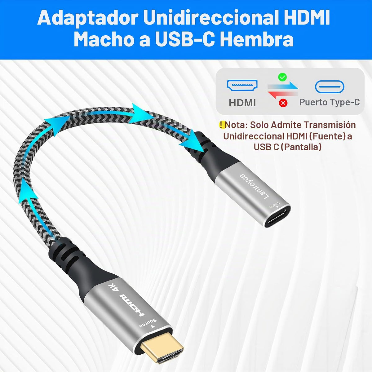 Adaptador HDMI activo a USB C con cable USB C 4K@60Hz, unidireccional