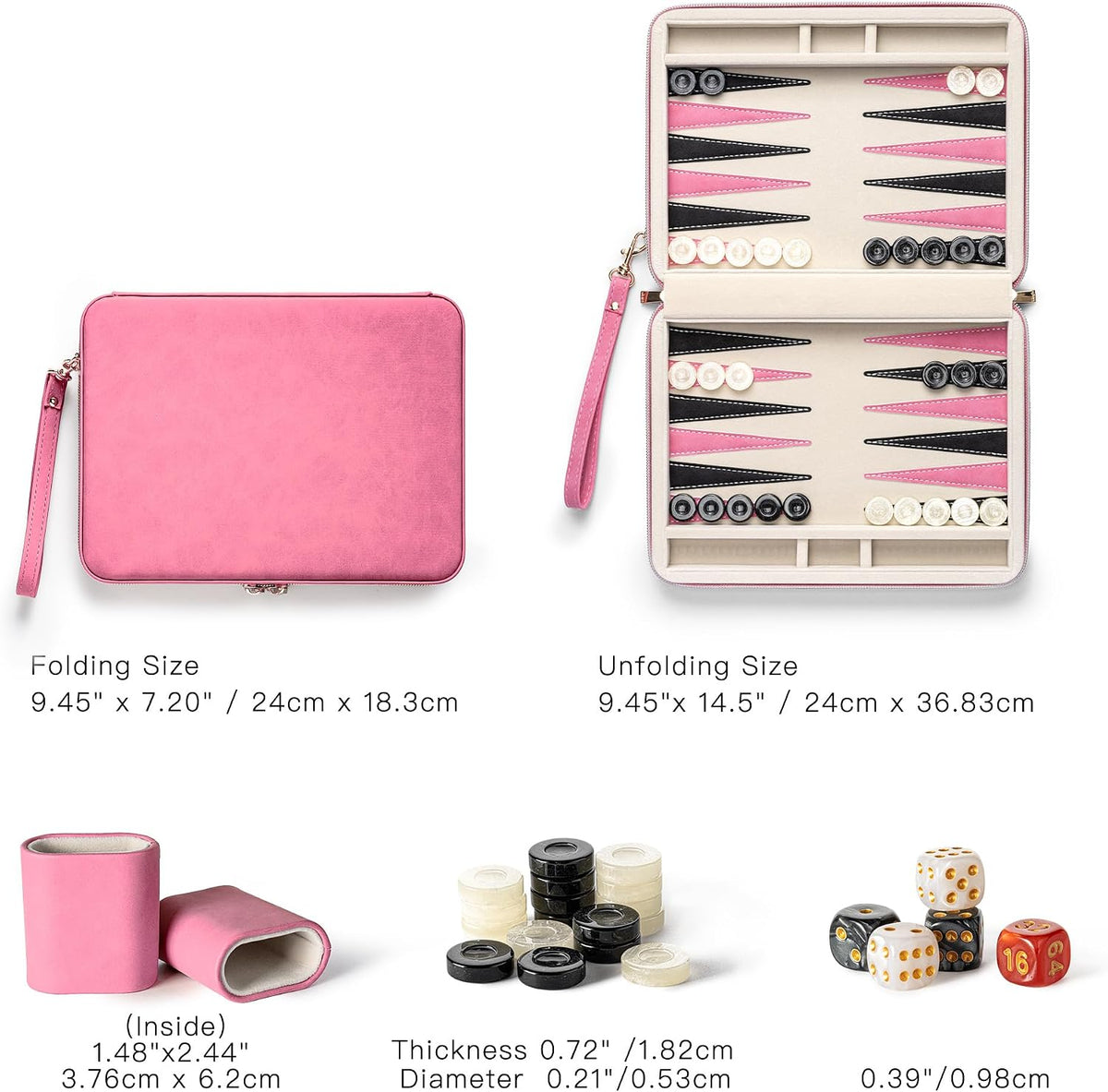 Juegos de backgammon para adultos, juego de mesa clásico con estuche de backgammon plegable de cuero sintético, juego de backgammon portátil de viaje (rosa)