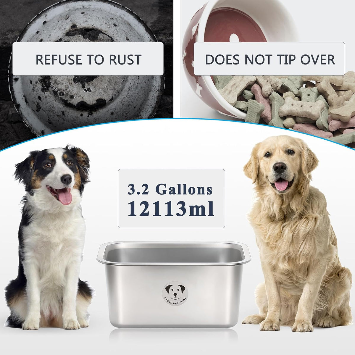 Cuencos de acero inoxidable para perros grandes, cuencos metálicos de alta capacidad para comida de perros, cuenco de comida y agua para perros grandes, extra grandes y grandes, 3.2 galones
