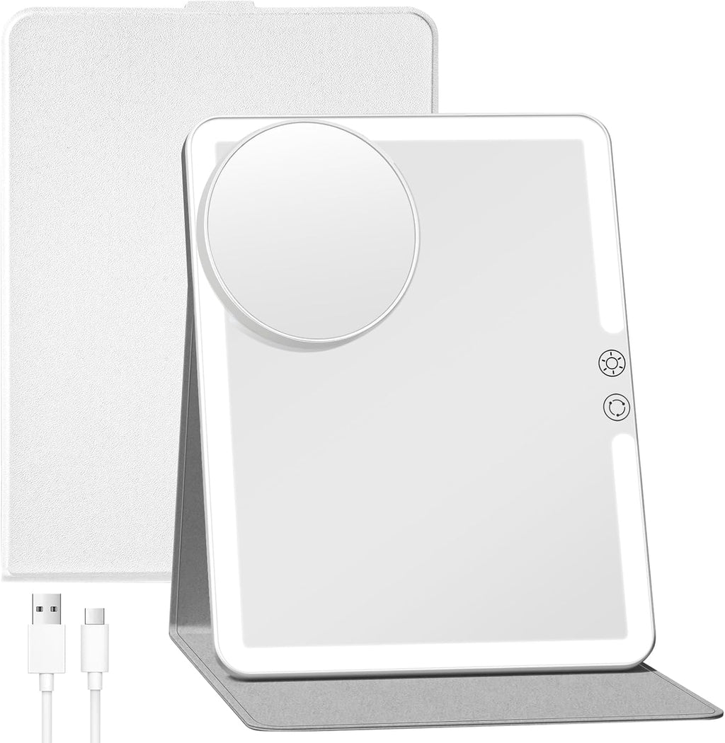 FUNTOUCH 2500mAh Espejo de maquillaje de viaje recargable grande con luz