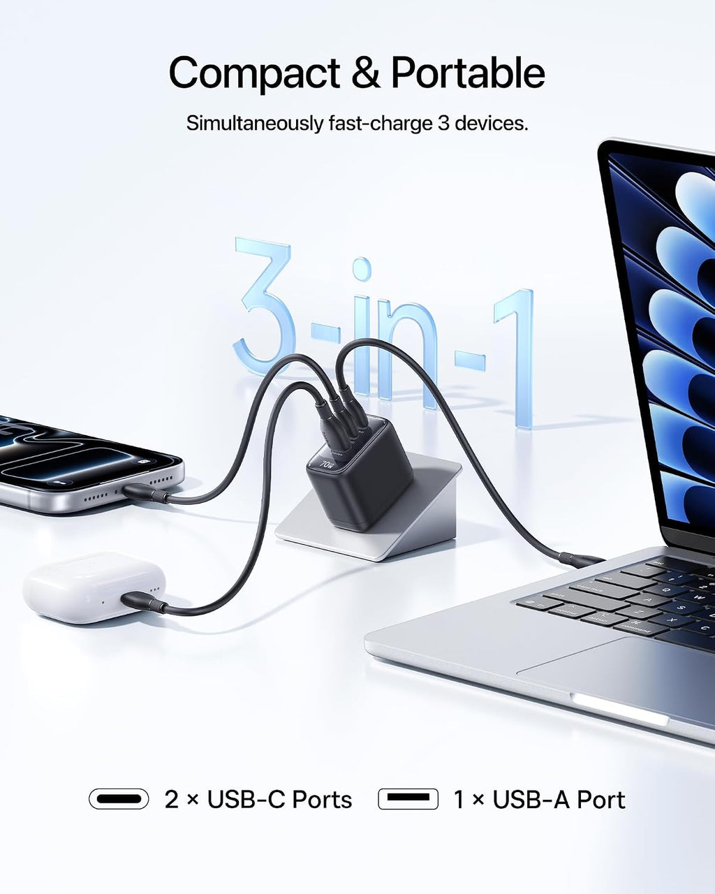 Baseus Enerfill - Cargador USB C de 70 W, bloque de carga rápida con