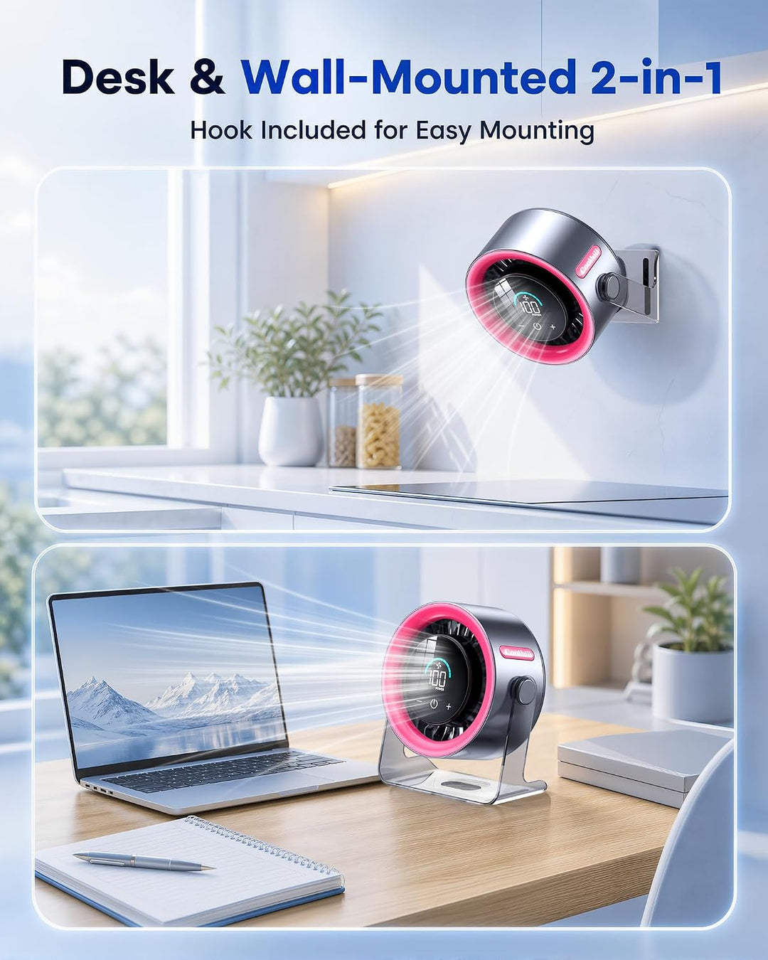 Coolhill Ventilador de escritorio pequeño, silencioso, recargable d...
