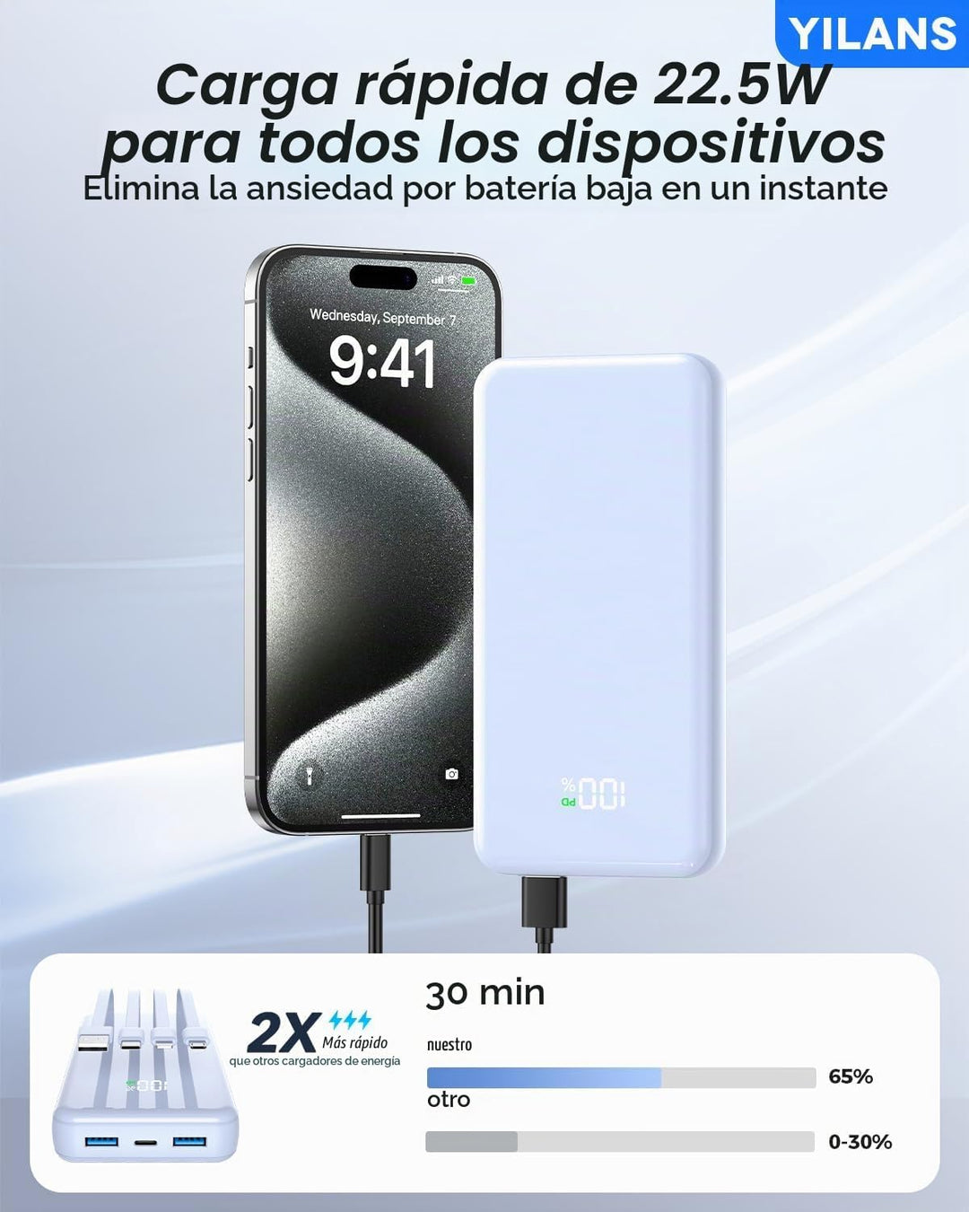 Cargador portátil, banco de energía de 50000 mAh, cable integrado,...