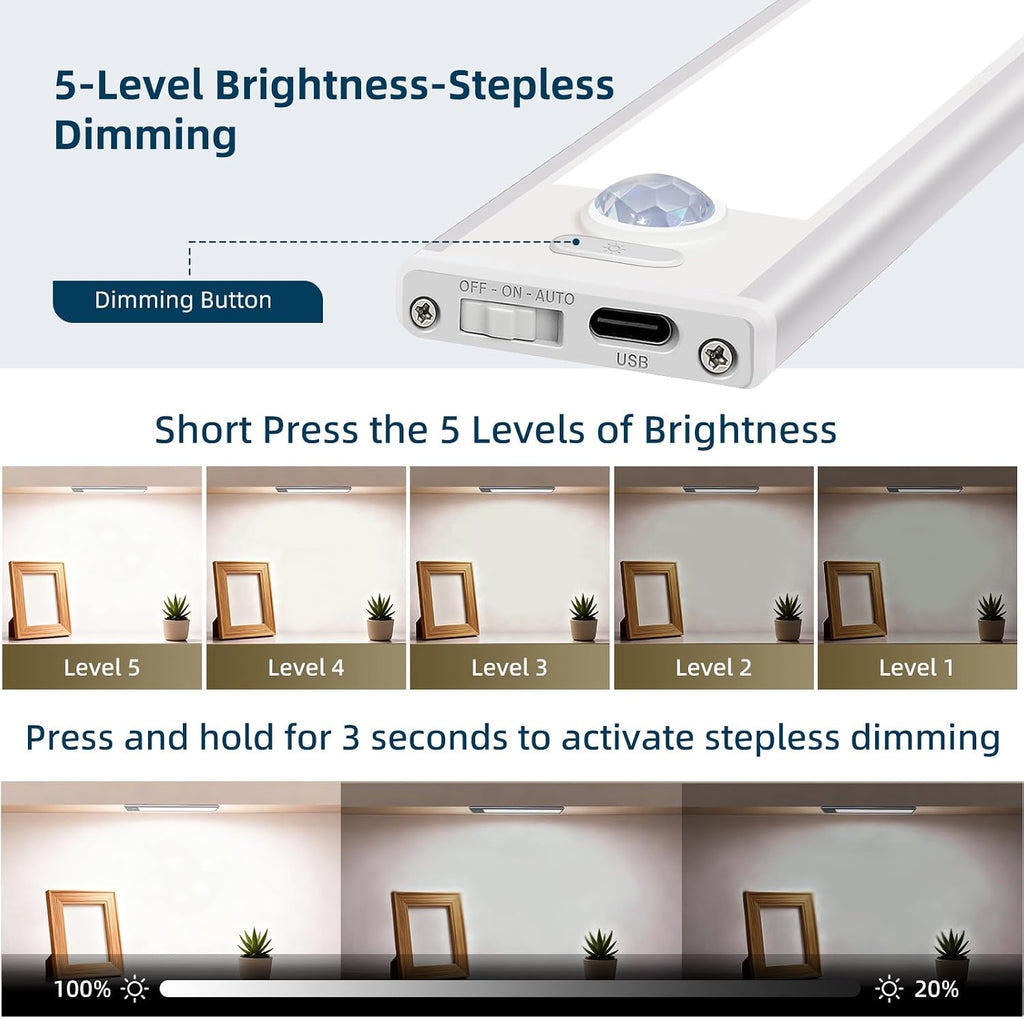 Paquete de 4 luces para debajo del gabinete, luz recargable con sensor de movimiento para interiores, luces magnéticas inalámbricas regulables, 32 luces LED debajo de la encimera para cocina, armario, escaleras, luz blanca