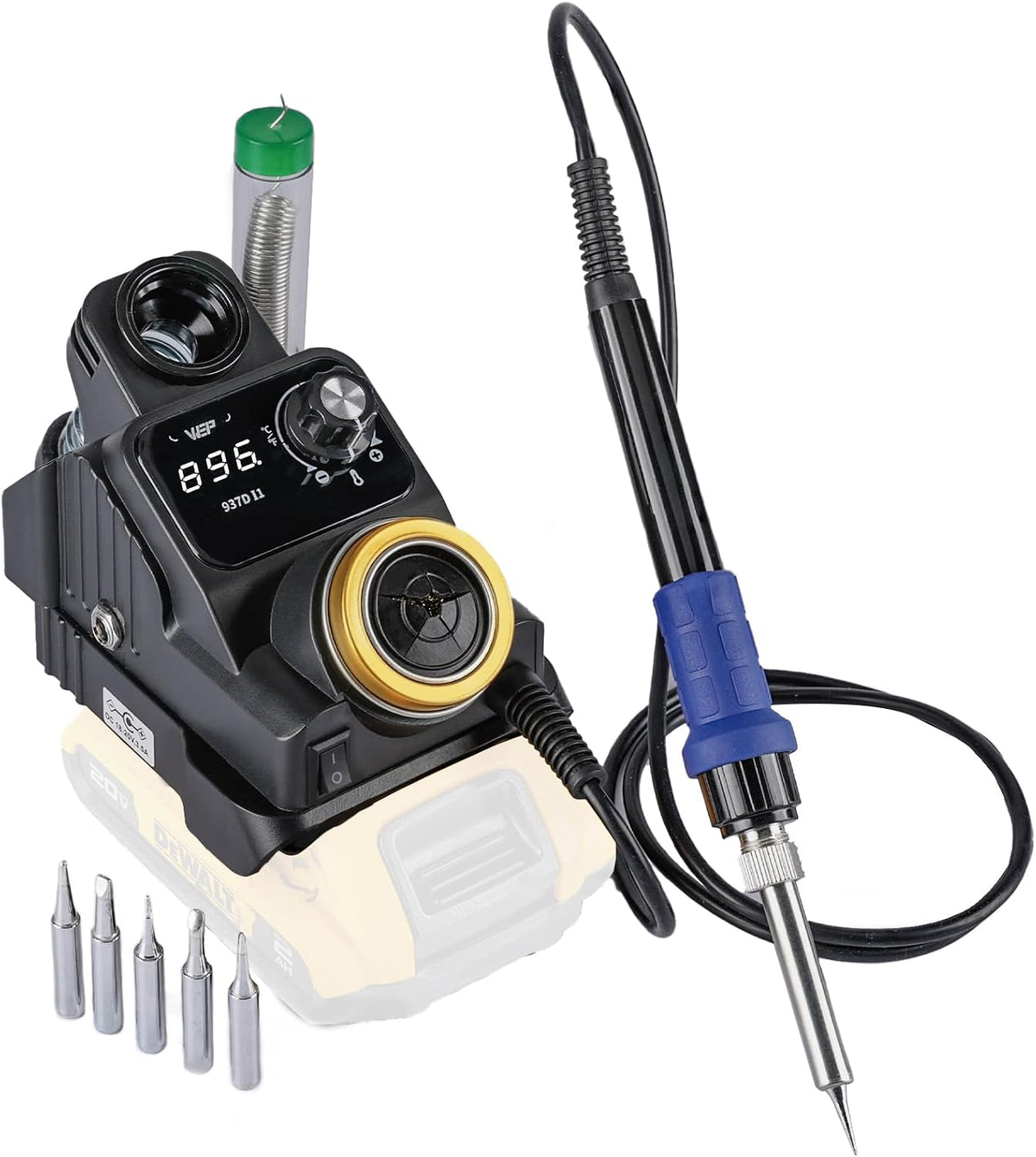 WEP 937D-I 1 Kit de soldador inalámbrico compatible con batería Dewalt de 20 V/18 V, con soporte de hierro integrado, pantalla digital, 6 puntas de soldadura, temperatura ajustable, apagado y apagado automático
