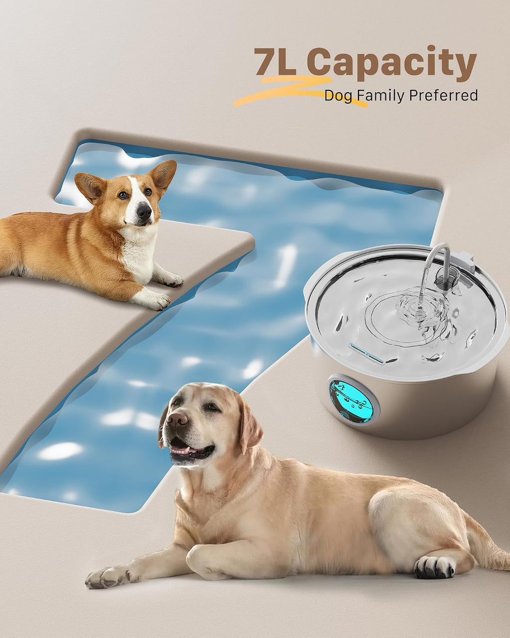 Fuente de agua para perros grandes: 7L/236oz/1.8G fuente para perros de acero inoxidable - Fuente de agua para gatos grandes para interiores - Fuente de agua súper silenciosa para perros en el