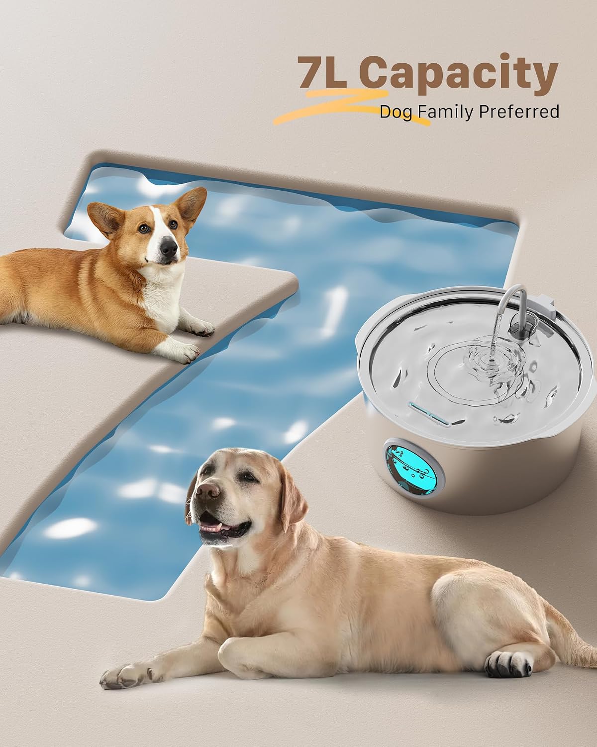 Fuente de agua para perros grandes: 7L/236oz/1.8G fuente para perros de acero inoxidable - Fuente de agua para gatos grandes para interiores - Fuente de agua súper silenciosa para perros en el