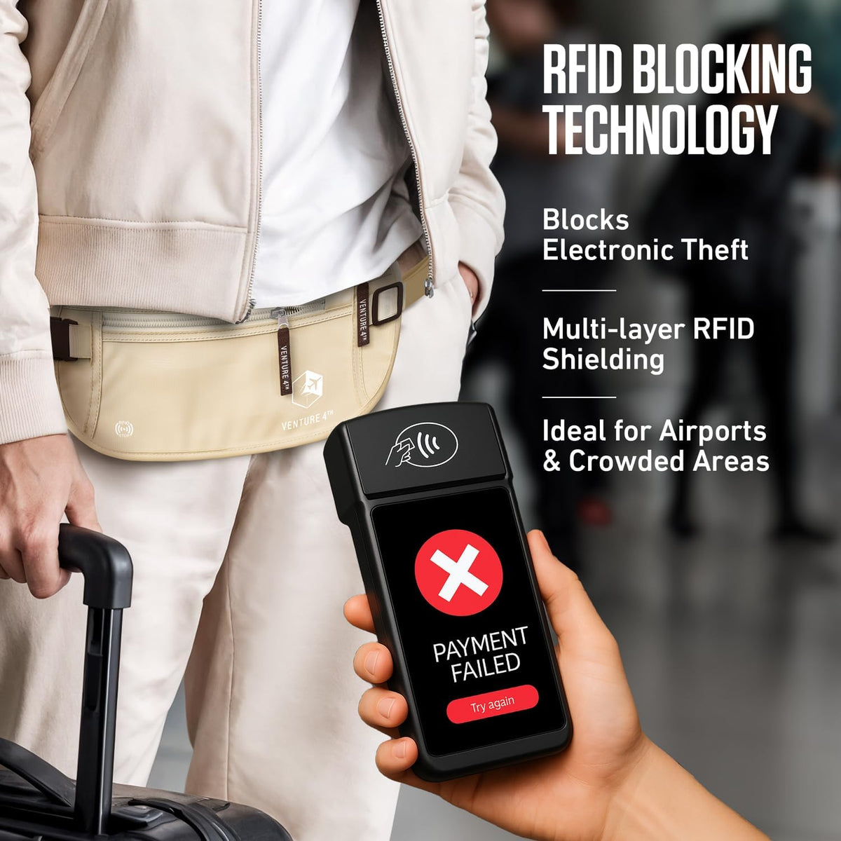 VENTURE 4TH Cinturón de dinero de viaje, RFID bloqueo pasaporte titular - Beige