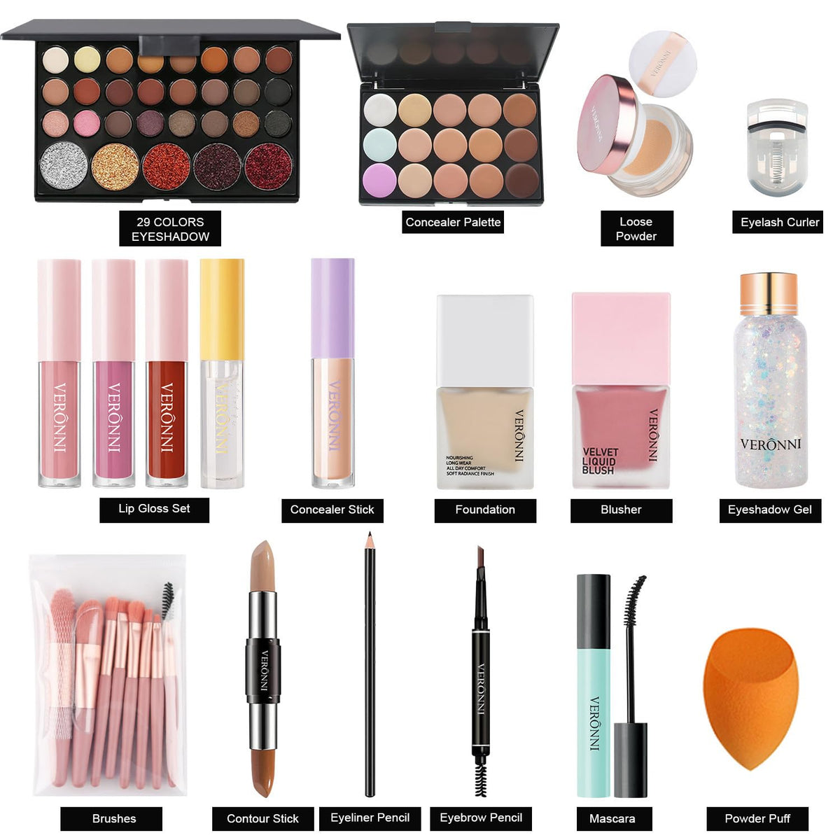 VERONNI Kit de maquillaje todo en uno, maquillaje de ojos y labios...