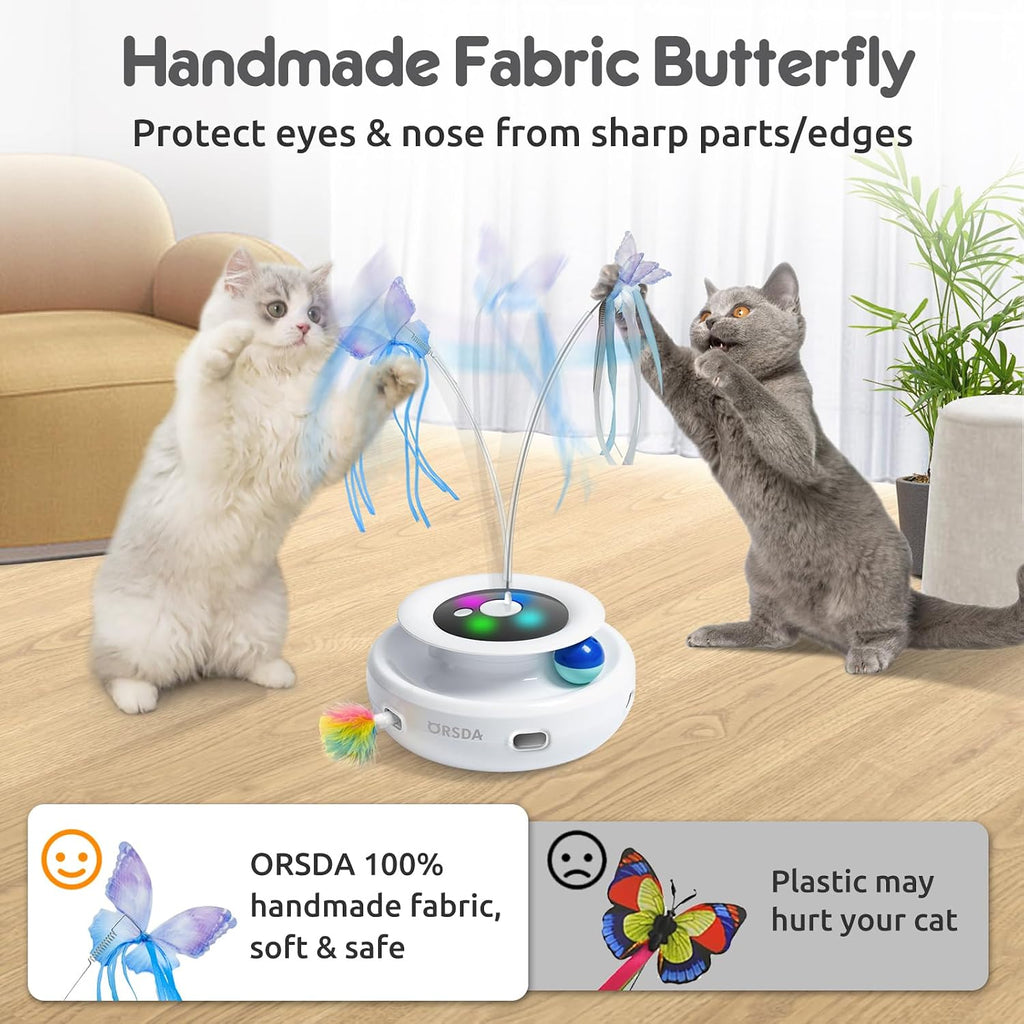 ORSDA Juguete para gatos, juguete interactivo electrónico automático 3 en 1 con plumas de emboscada en movimiento, mariposa revoloteante, bolas de seguimiento, pateador inteligente recargable por USB