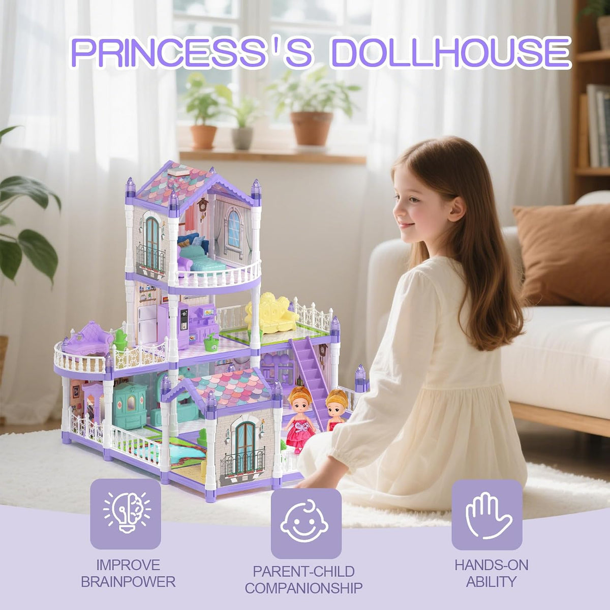 Lámpara Casa de muñecas para niñas, casa de muñecas de ensueño, 9 habitaciones con 2 muñecas, casas de muñecas de princesa, animales, muebles y accesorios, casa de juegos para niñas de más de 3 años