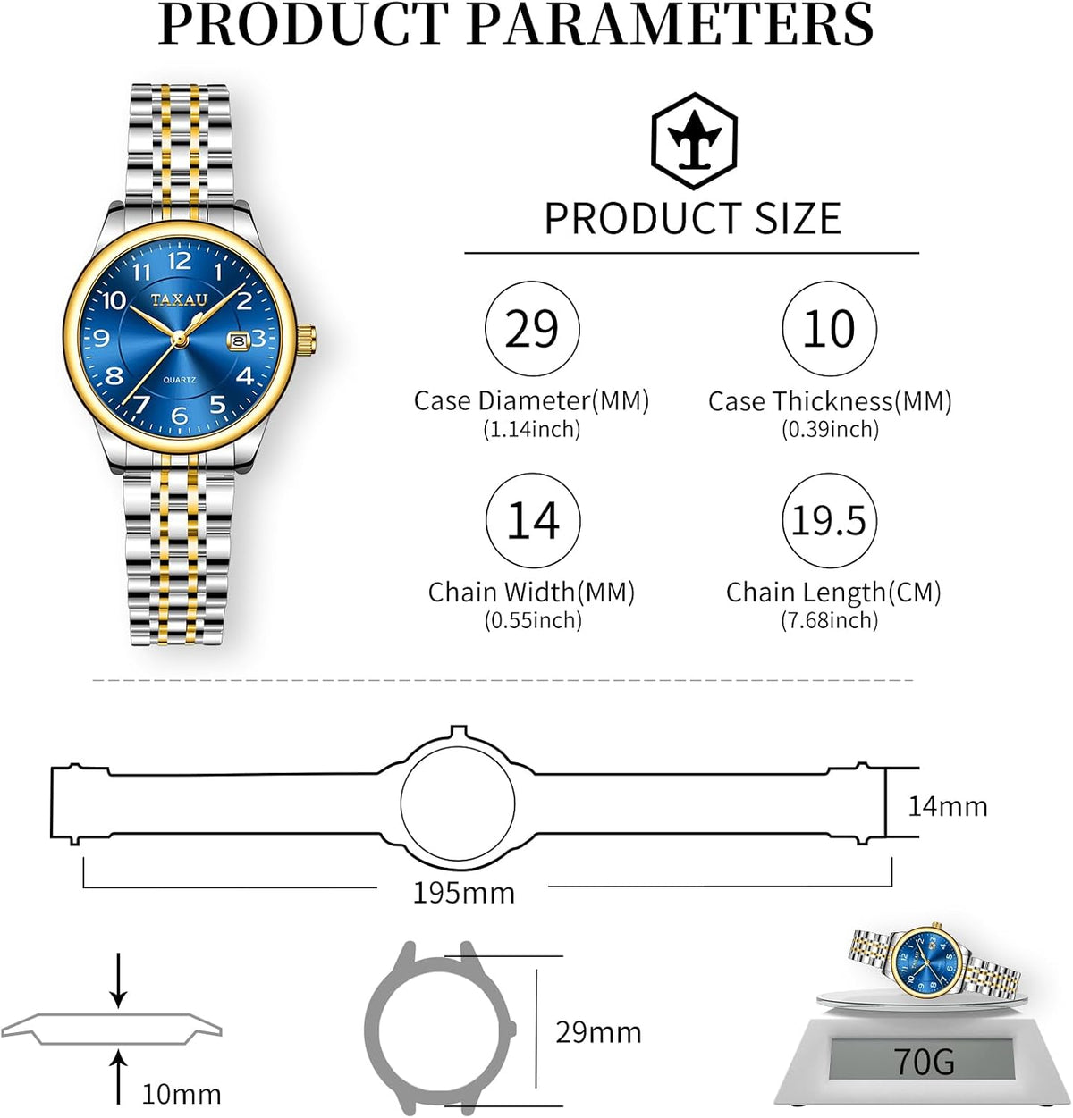 Reloj de Mujer Elegante Analógico a Cuarzo con Carga de Fecha, Números Arábigos Grandes, Impermeable, Dos Tonos, Acero Inoxidable, Pequeño, Reloj de Muñeca