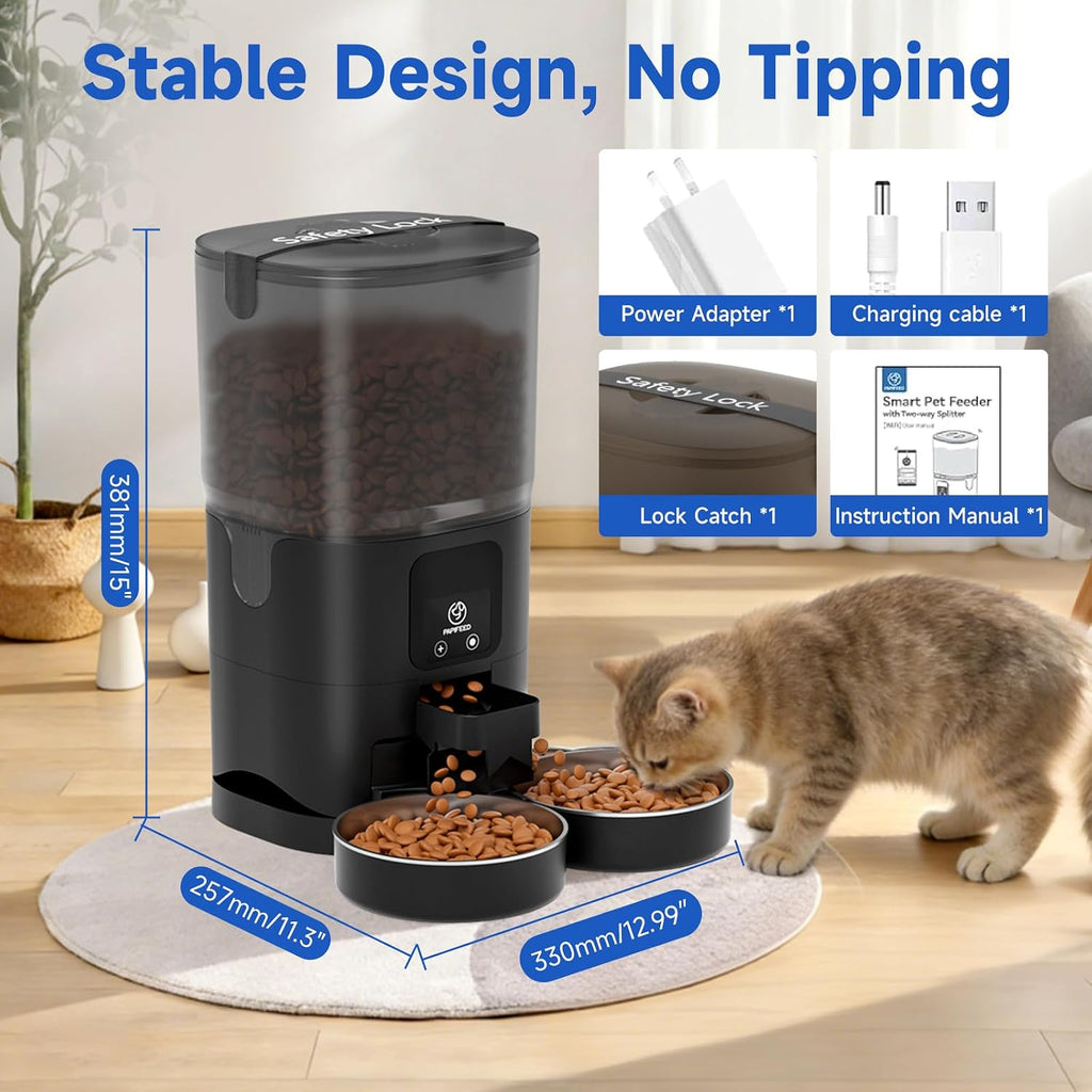 PAPIFEED Comedero automático para gatos 2 gatos, alimentador automático WiFi para gatos con aplicación, dispensador de alimentos para gatos de alimentación lenta de 7 litros para alimentos secos