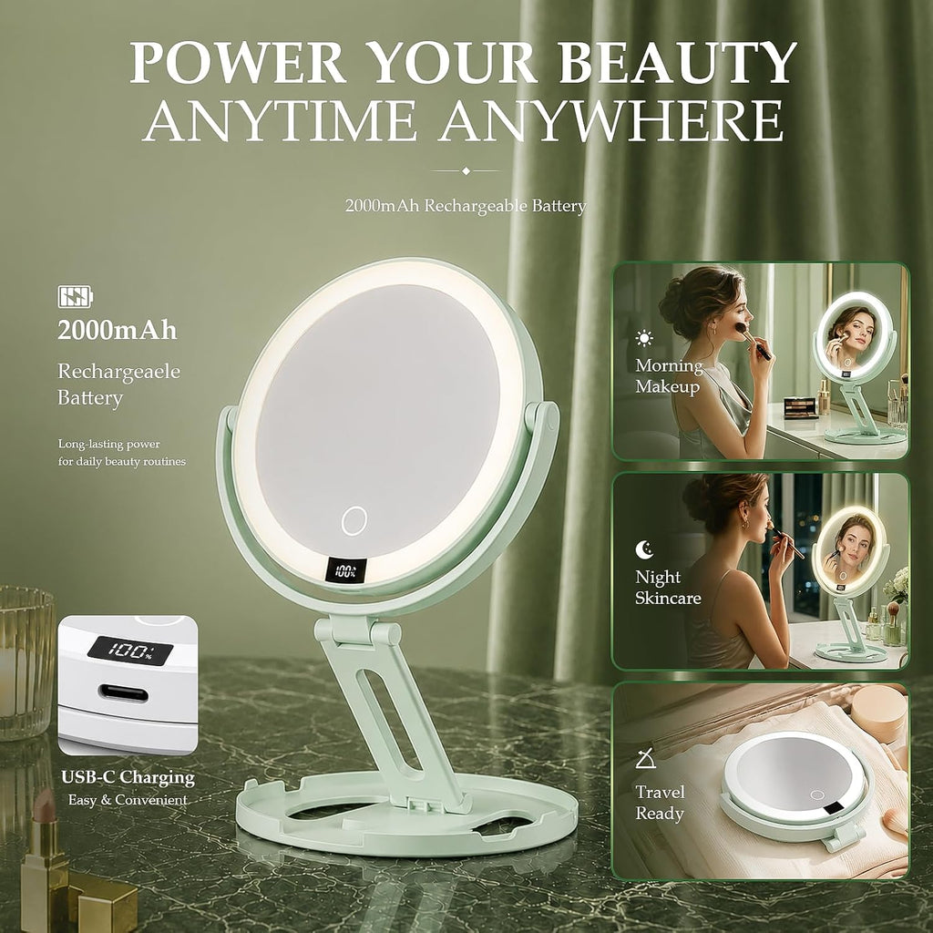Espejo de maquillaje de viaje con luces, espejo de aumento de doble cara 1X