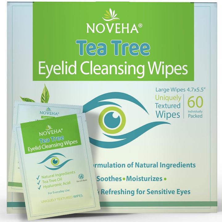 NOVEHA 60 toallitas de aceite de árbol de té para párpados y pestañ...