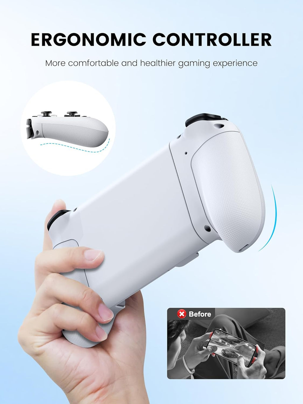 Mocagen MC1 Controlador de Teléfono para iPhone y Android – Agarre ergonómico, baja latencia, compatible con funda, Controlador móvil Bluetooth con joysticks de efecto Hall, Turbo, compañero de viaje portátil para coche/ocio