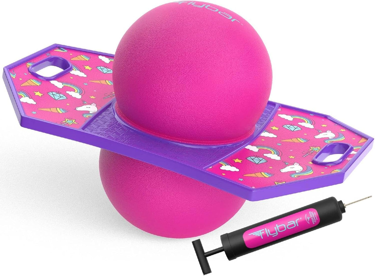 Flybar Pogo - Pelota de truco para niños, tabla de rebote de equilibrio con cubierta antideslizante, bomba incluida, juguetes para interiores y exteriores para niños y niñas, forma divertida de