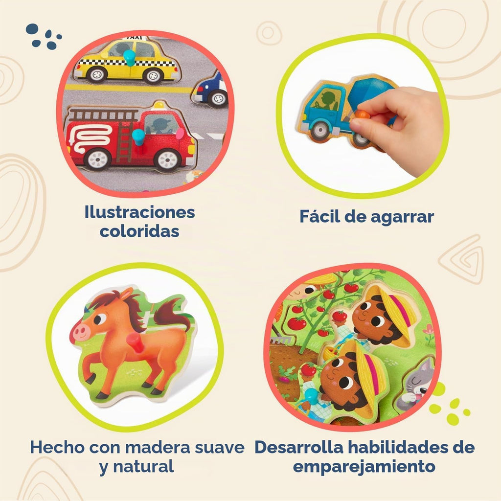 B. toys Rompecabezas de Clavijas de Madera, Peek & Explore Paquete de 4, Vehículos, Granja, Paquete de 4