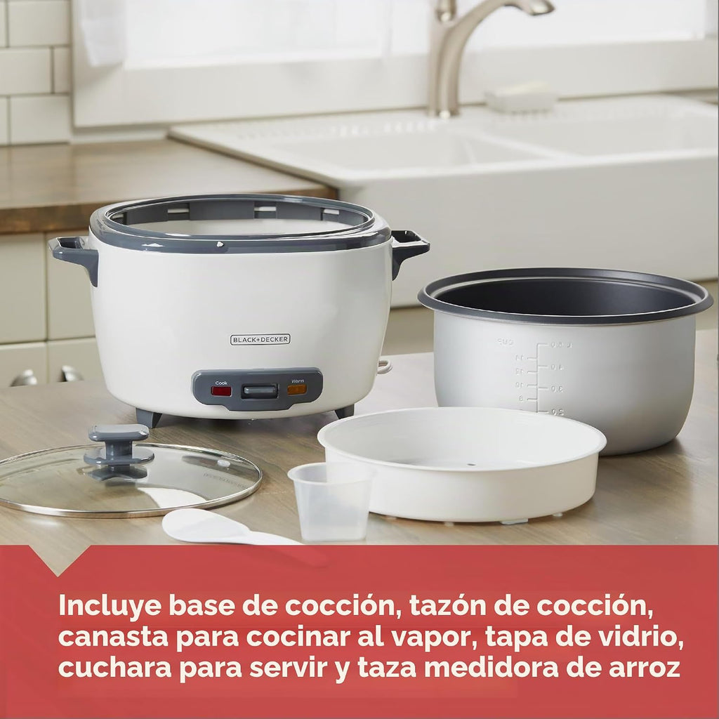 Olla arrocera BLACK+DECKER 6 tazas (cocidas) con cesta para vapor, recipiente antiadherente extraíble, blanca