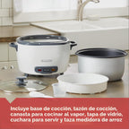 Olla arrocera BLACK+DECKER 6 tazas (cocidas) con cesta para vapor, recipiente antiadherente extraíble, blanca
