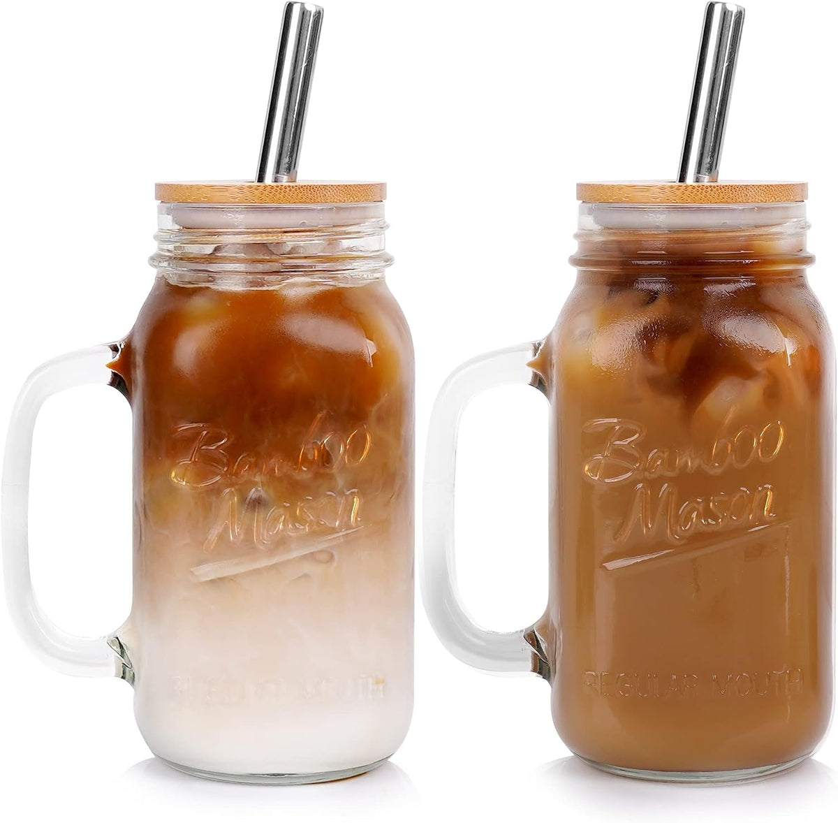 Tarro Mason con tapa y pajilla, tarros Mason de boca regular de 24 onzas con asa, vasos reutilizables, botellas de agua para batidos para café helado, clásico