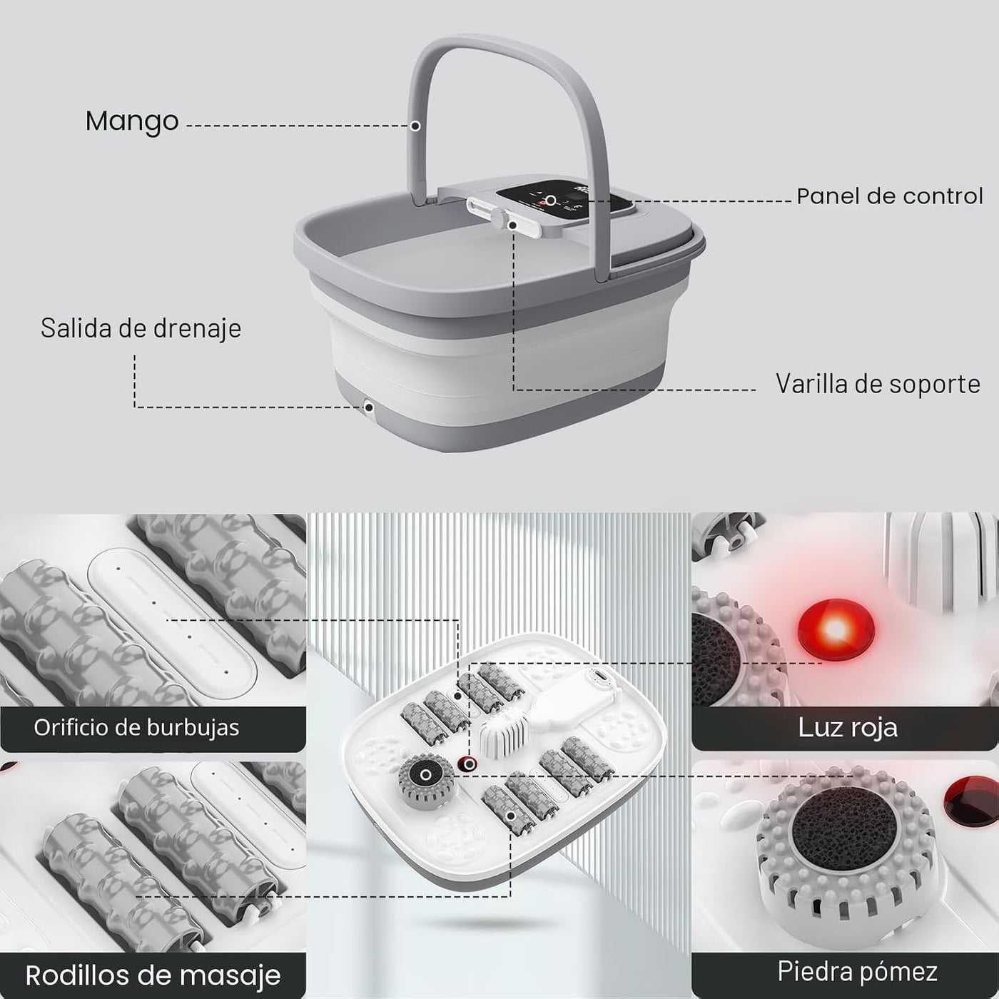HOSPAN Spa de pies plegable con calor, burbujas, luz roja y control...