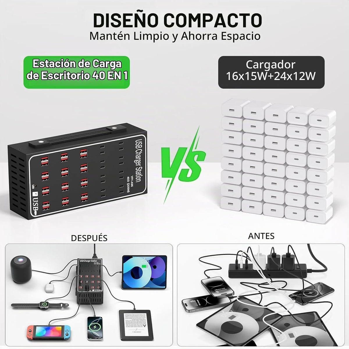 Estación de carga USB de 300 W 60 A para múltiples dispositivos, bloque de cargador USB rápido de 60 puertos, cargador rápido de pared de escritorio con protección inteligente, regleta de alimentación