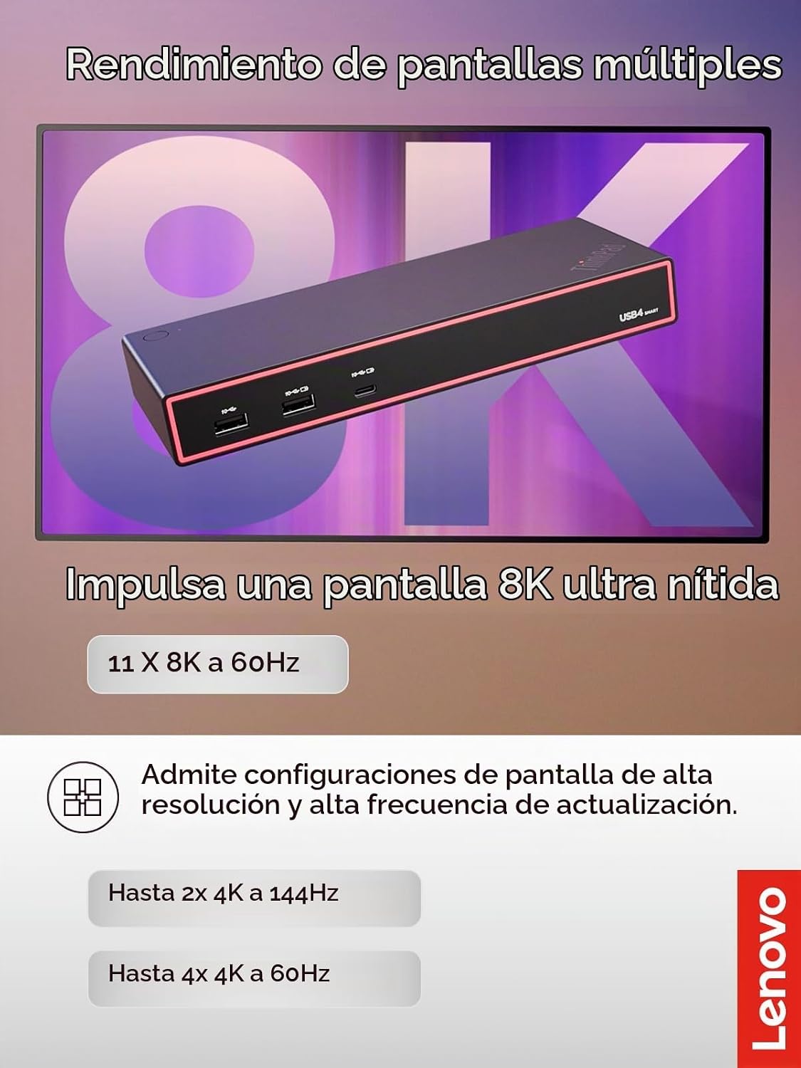 Lenovo ThinkPad USB 4 Smart Dock 5500 con adaptador de 135 W, soporta hasta 4 pantallas, alimentación de 100 W a laptop, cable USB 4 integrado, negro Eclipse